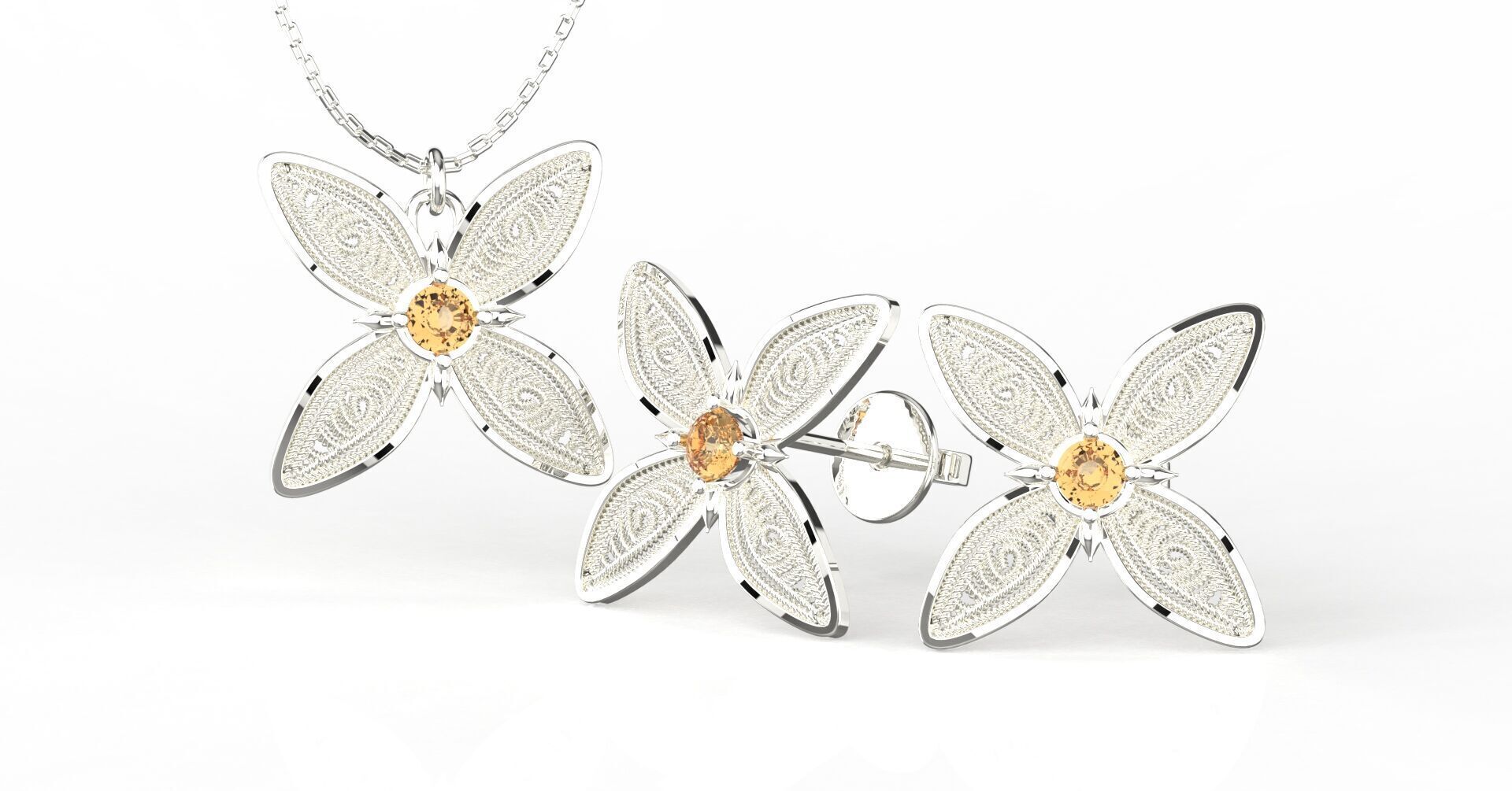 Filigree Flower Stud and Pendant 10 Asoka with stone 3D print model_11