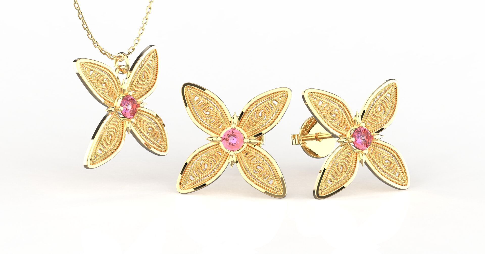 Filigree Flower Stud and Pendant 10 Asoka with stone 3D print model_1