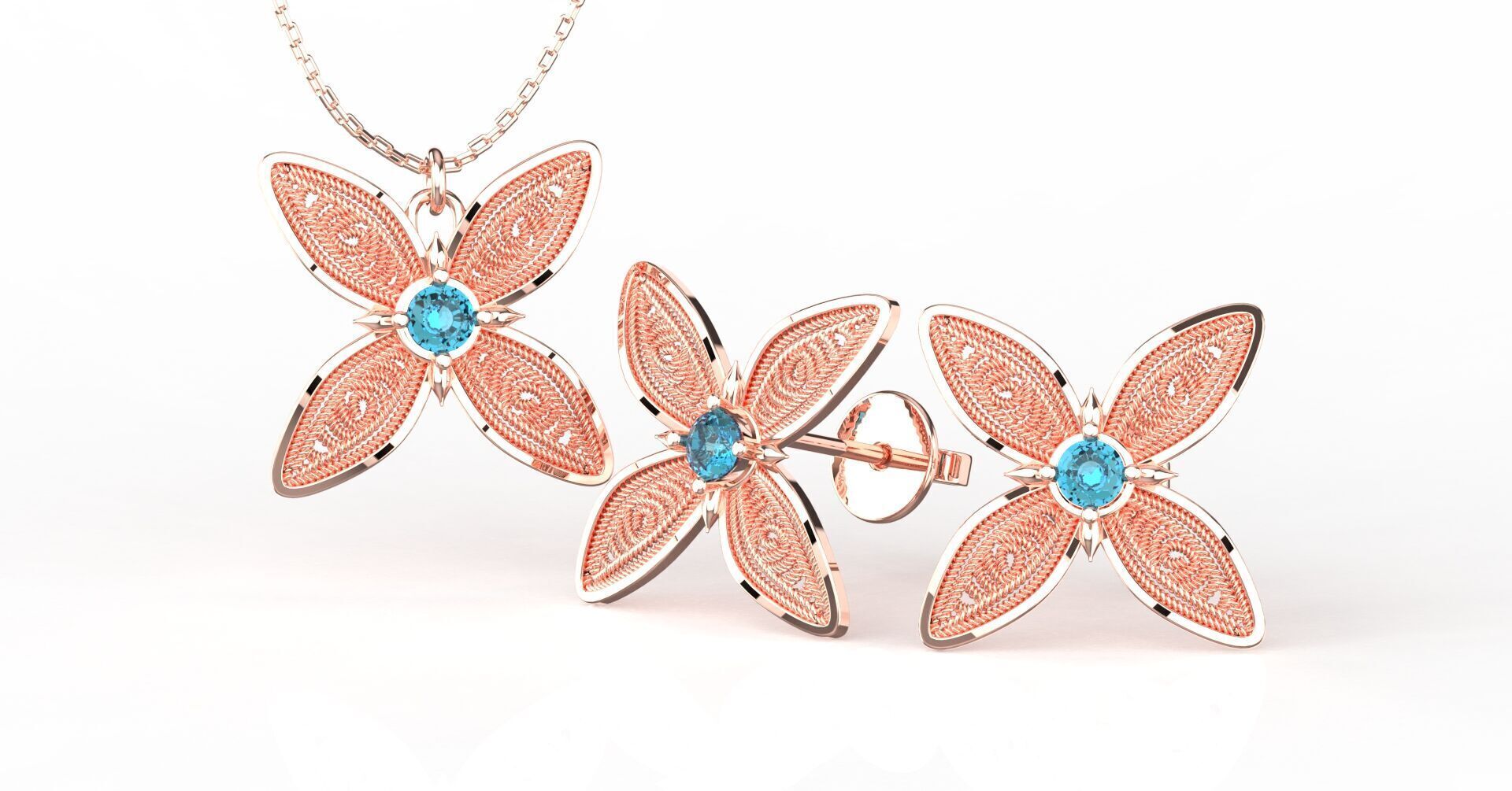 Filigree Flower Stud and Pendant 10 Asoka with stone 3D print model_9