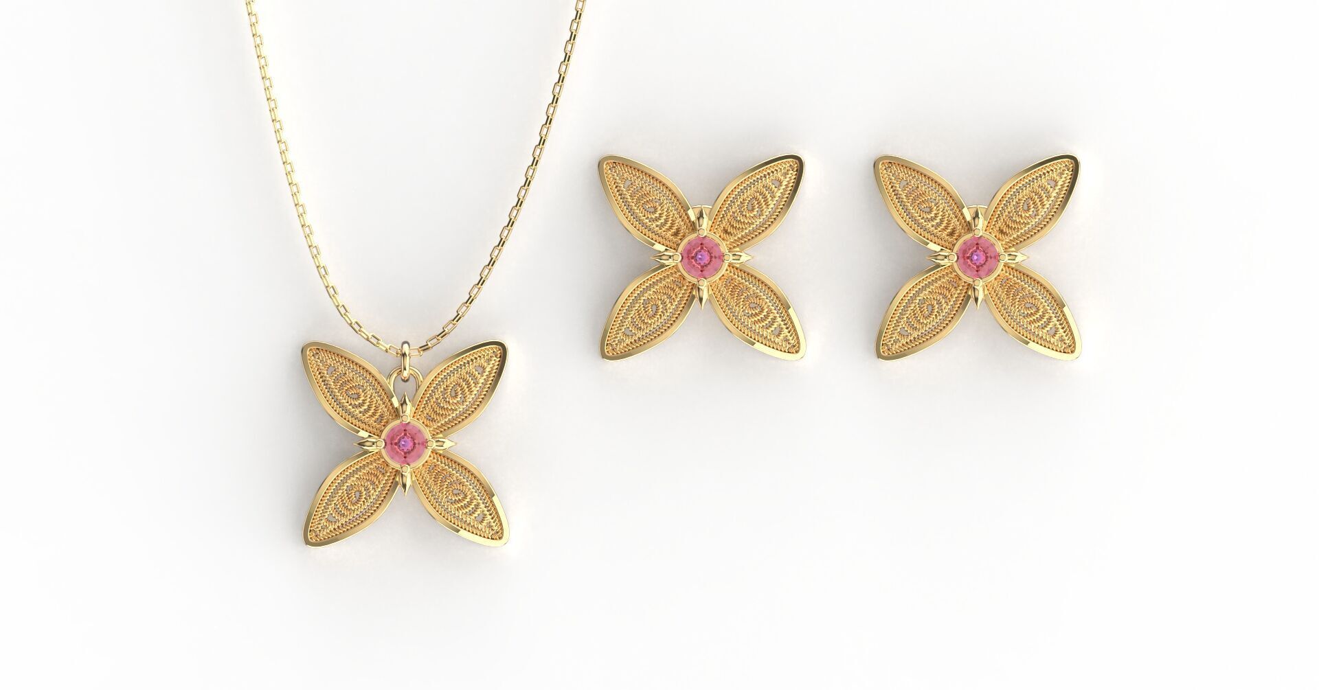 Filigree Flower Stud and Pendant 10 Asoka with stone 3D print model_3