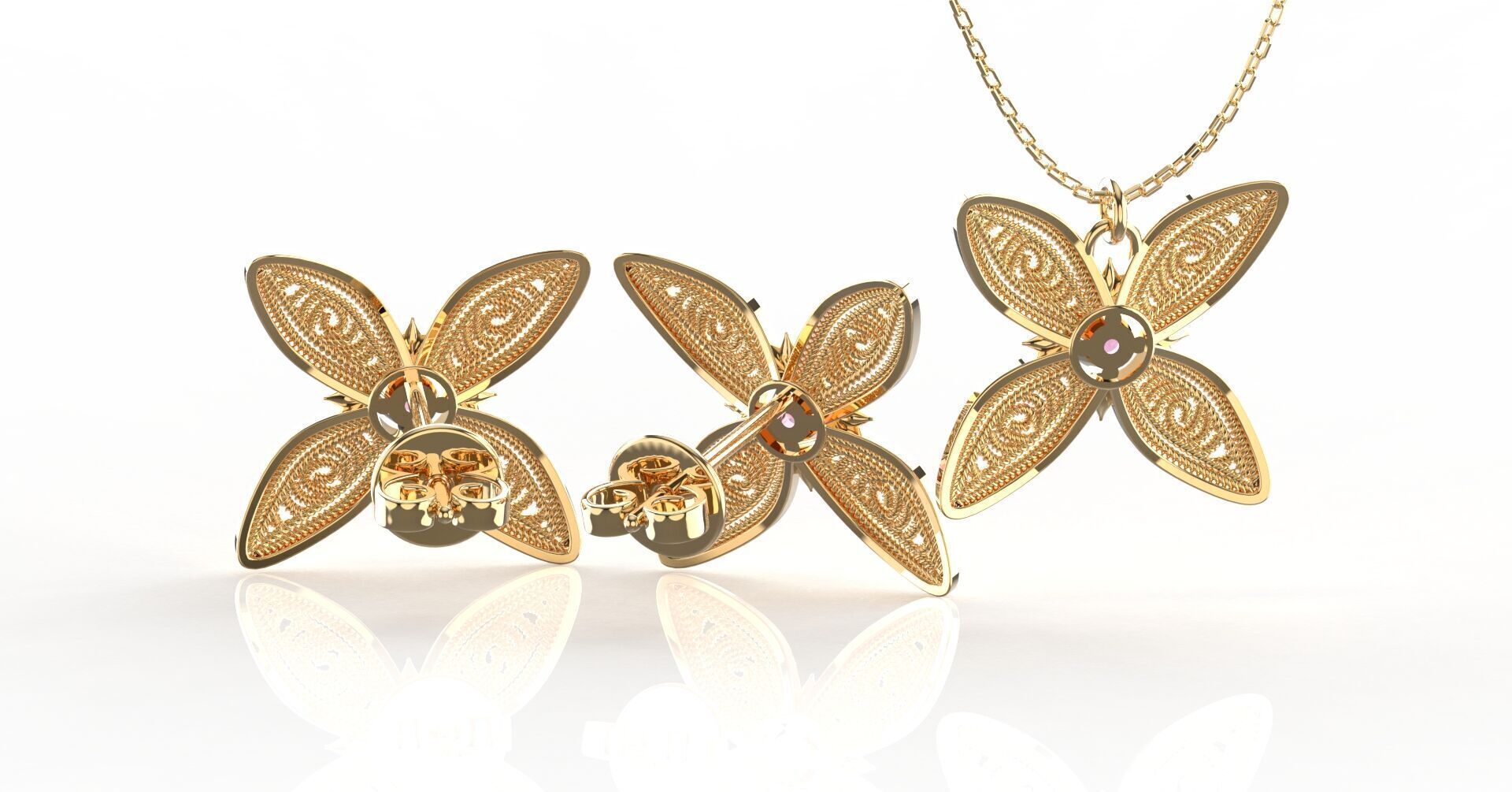 Filigree Flower Stud and Pendant 10 Asoka with stone 3D print model_8