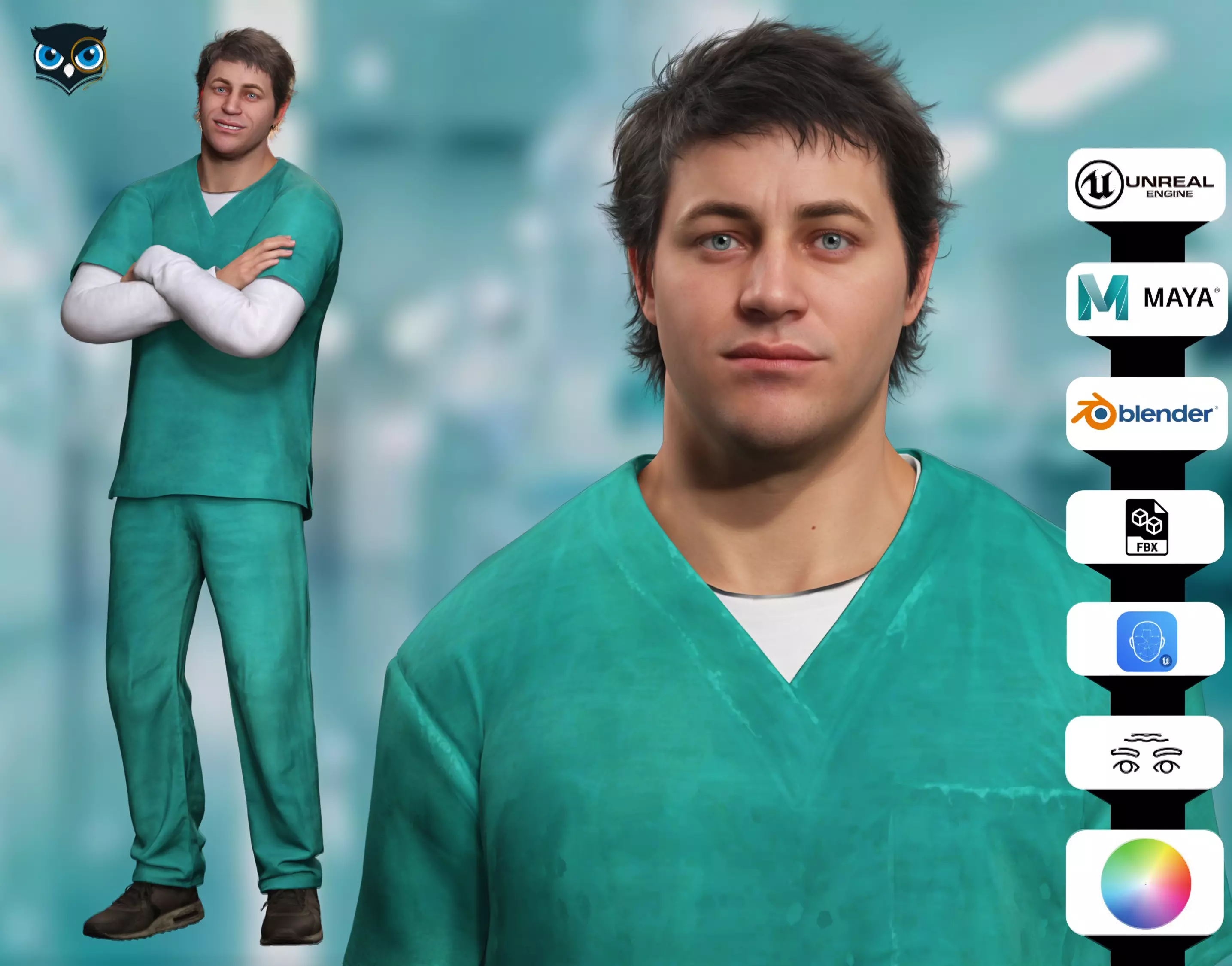 Doctor Nurse in Scrubs High-Quality 3D Character Low-poly 3D model_0