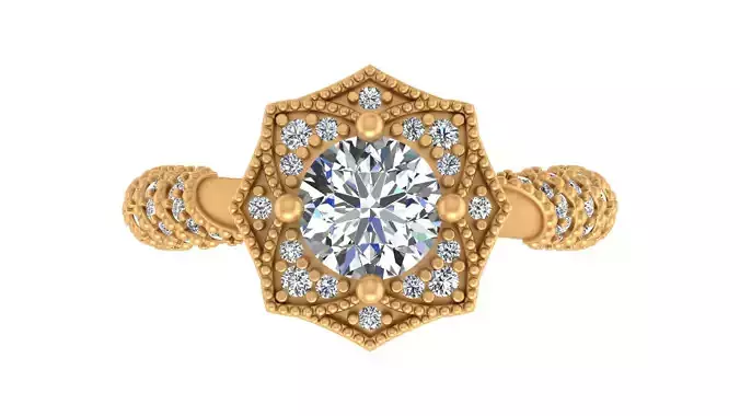  Hexagonal Halo Engagement Ring with Pave-Set Band AND Milgrain