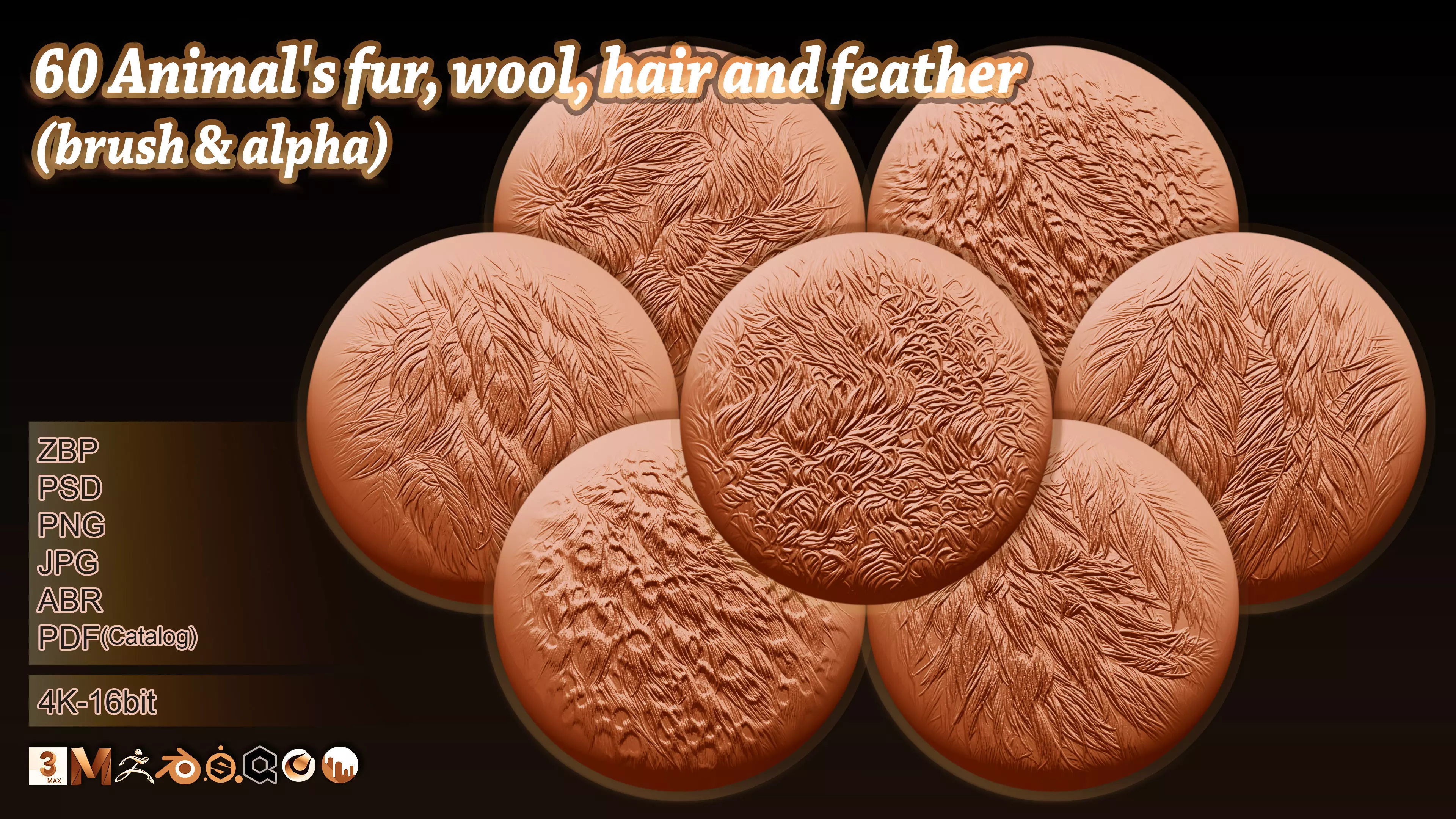 60 Animals fur wool hair and feather brush and alpha 3D model
