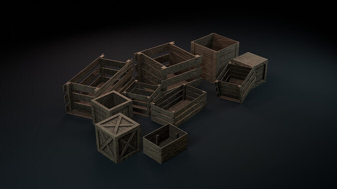 Realistic Wooden Crates and Boxes PBR Textured and Game-Ready Low-poly 3D model