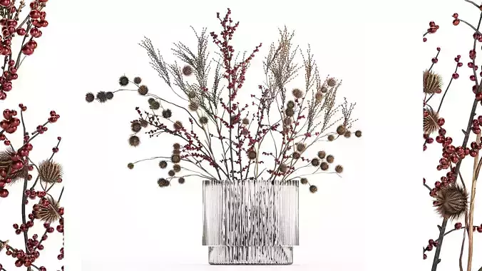 Bouquet Of Dried Flowers Vase Ilex Dry Branches 493 3D model