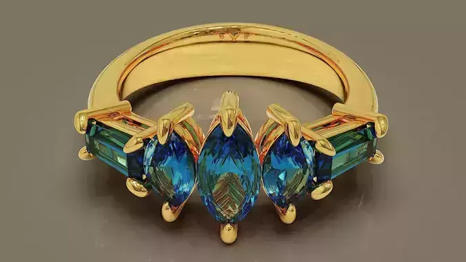 Prong set marquise and baguette shape diamond five stone ring 