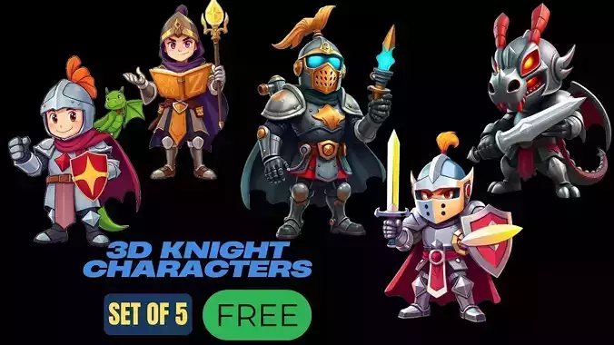 Fantasy Knight Characters Set Unique 3D Models Games Animations Free low-poly 3D model