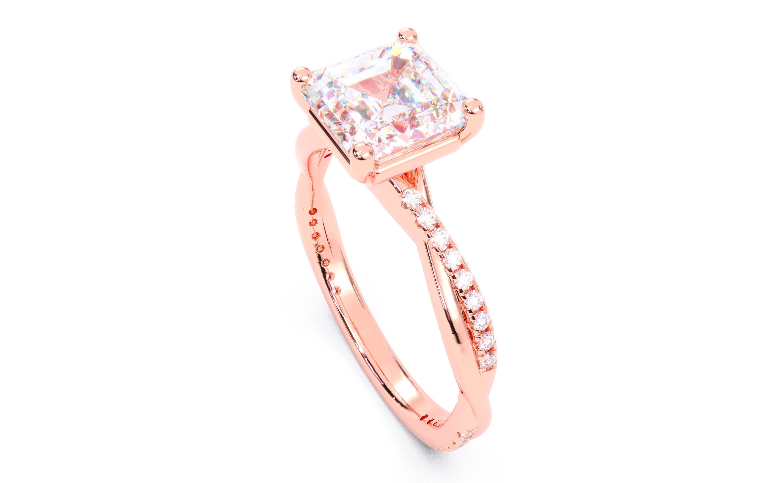 Asscher Diamond Pave Setting Solitaire Ring 3D print model_2