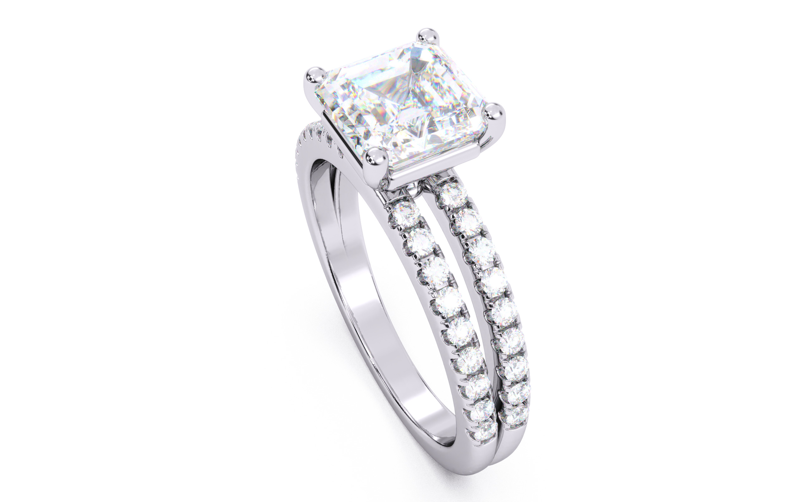 Asscher Diamond Pave Setting Solitaire Ring 3D print model_23