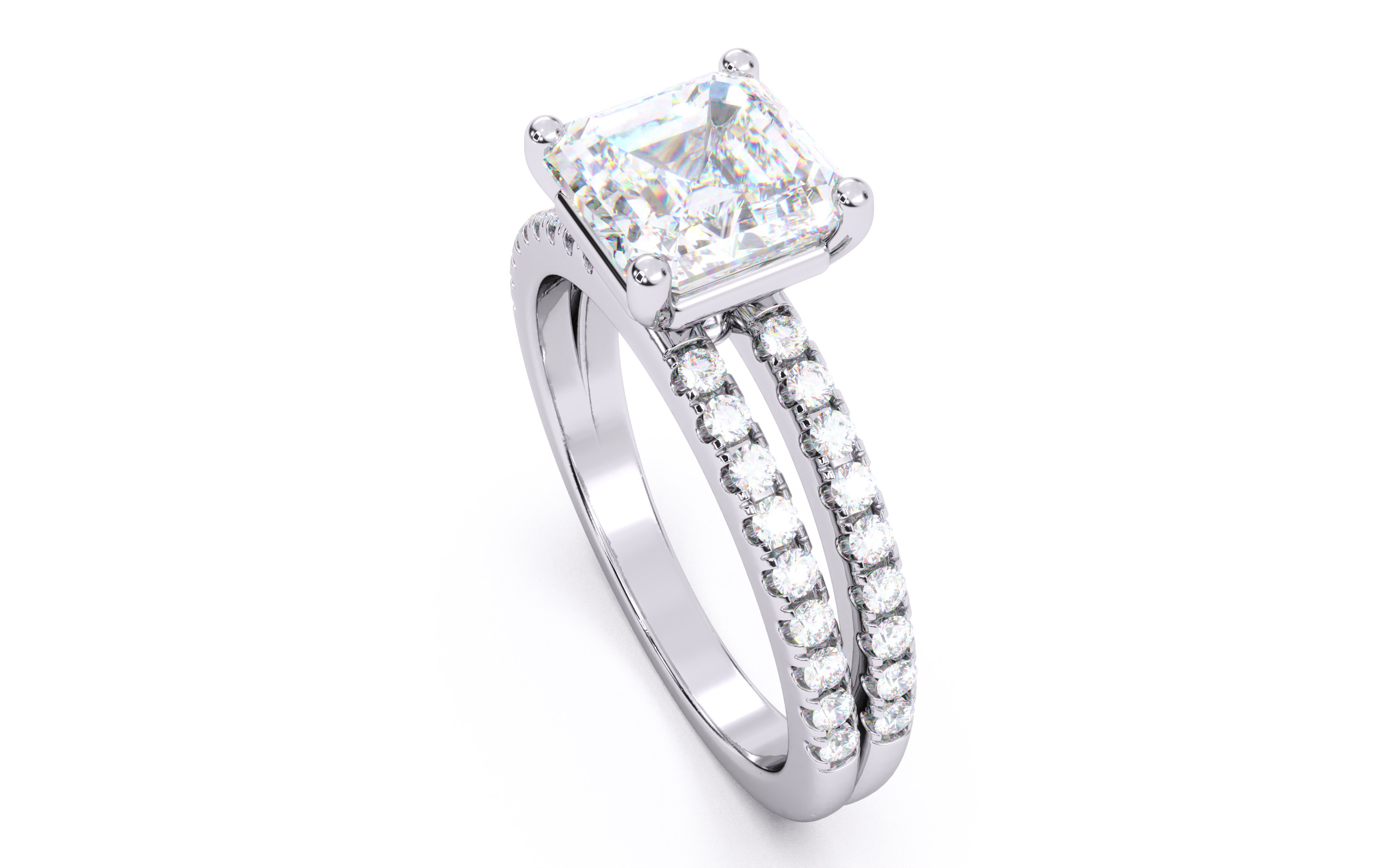 Asscher Diamond Pave Setting Solitaire Ring 3D print model_24