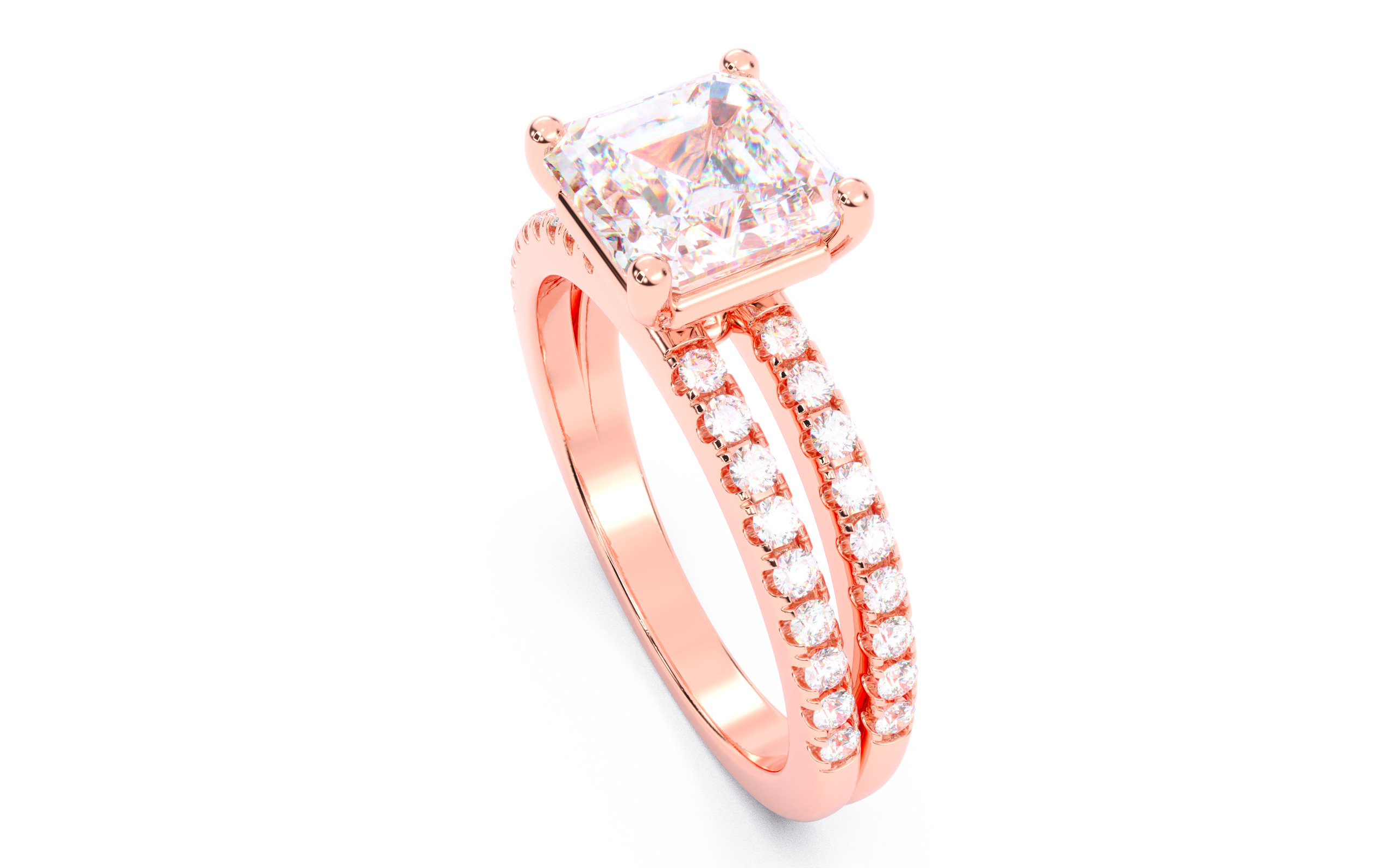Asscher Diamond Pave Setting Solitaire Ring 3D print model_3