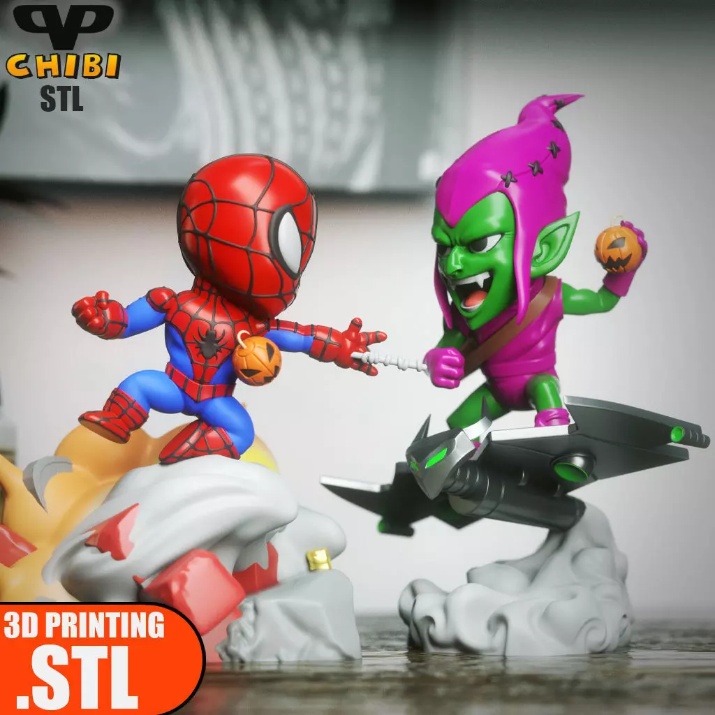 Spider-Man vs Green Goblin STL for 3D Printing ChibiSTL 3DXM 3D print model_0