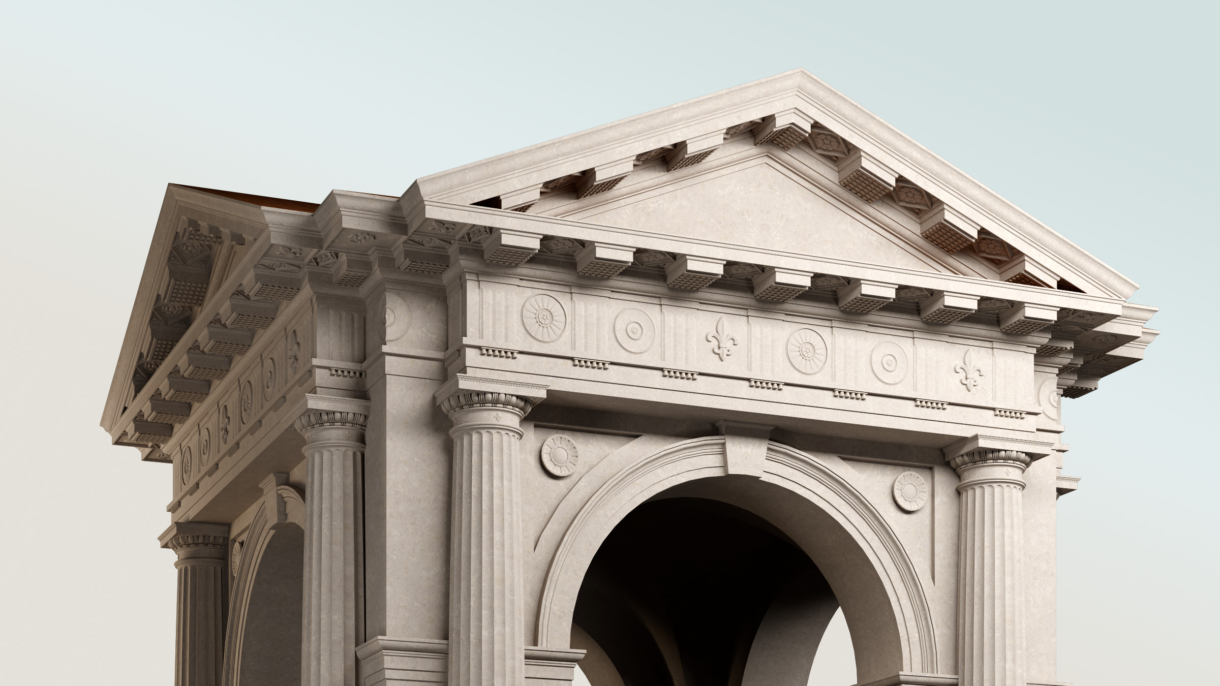 Arched portico in Doric mutulary 3 4 column order gazebo 3D model_4