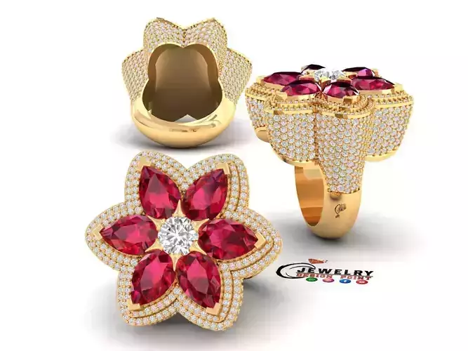 Custom Flower Shape Pear with Round Diamond Ring - Hiphop Ring