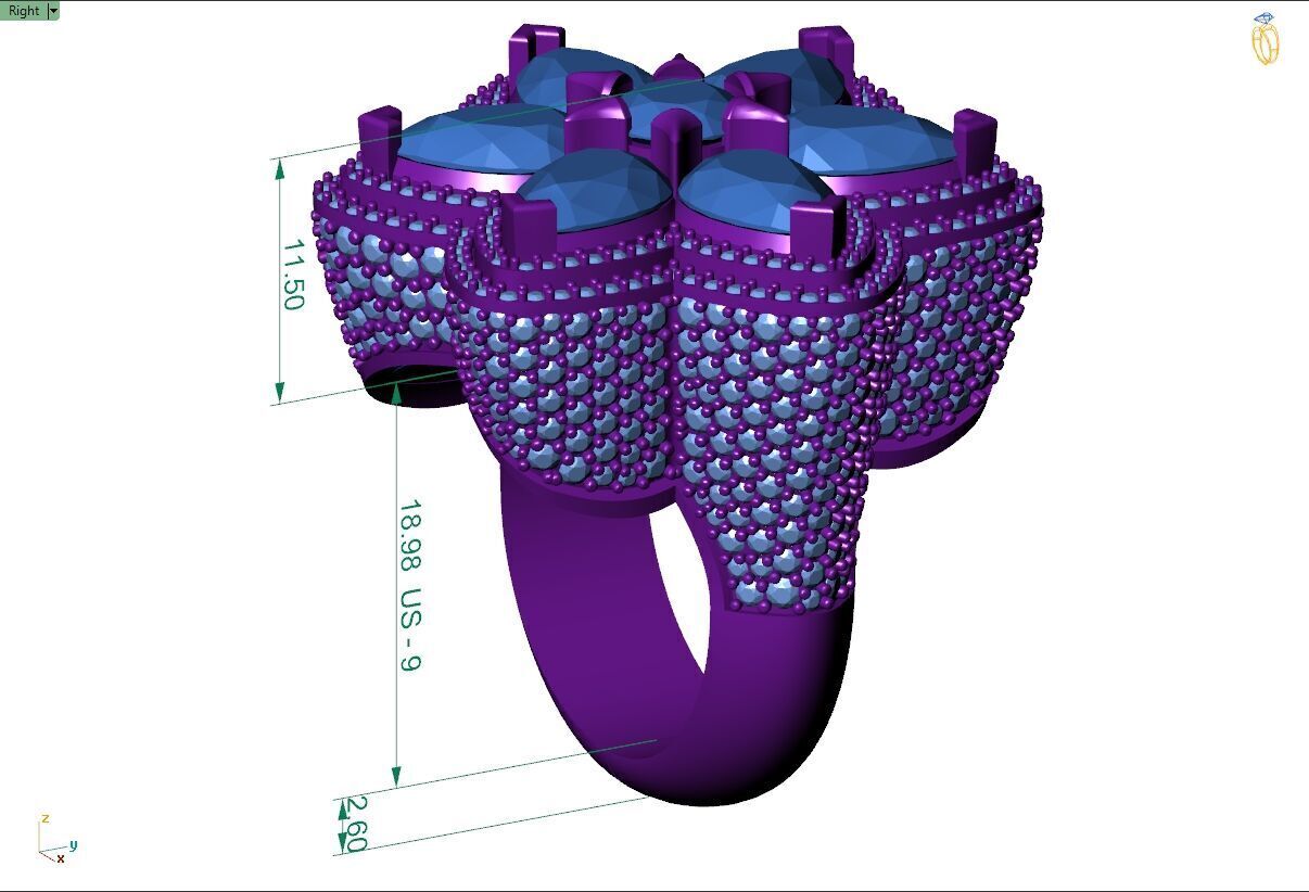 Custom Flower Shape Pear with Round Diamond Ring - Hiphop Ring 3D print model_8
