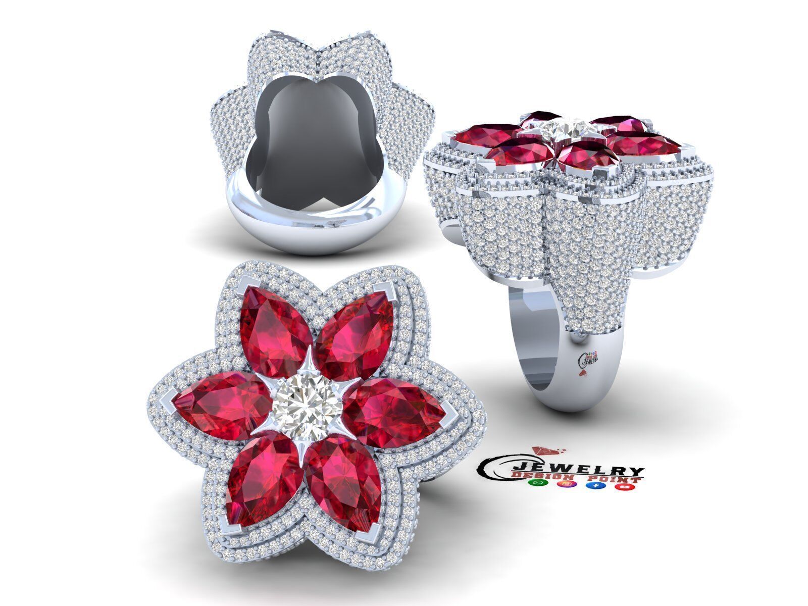 Custom Flower Shape Pear with Round Diamond Ring - Hiphop Ring 3D print model_3