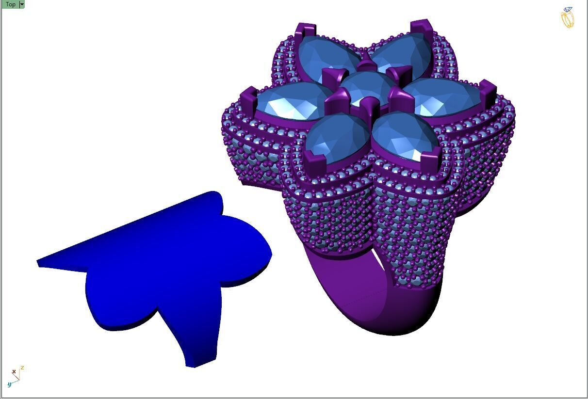 Custom Flower Shape Pear with Round Diamond Ring - Hiphop Ring 3D print model_13