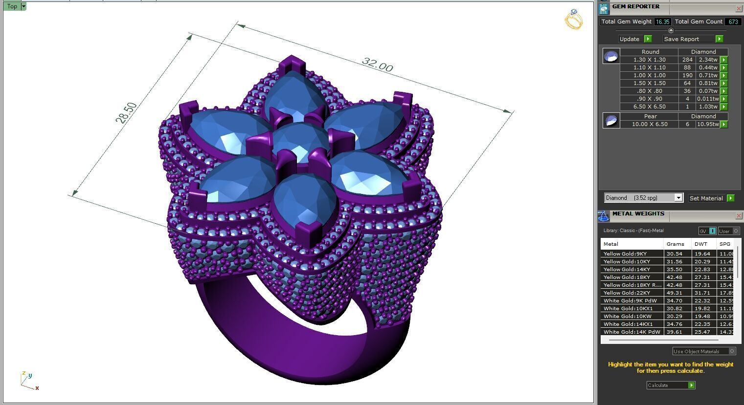 Custom Flower Shape Pear with Round Diamond Ring - Hiphop Ring 3D print model_6
