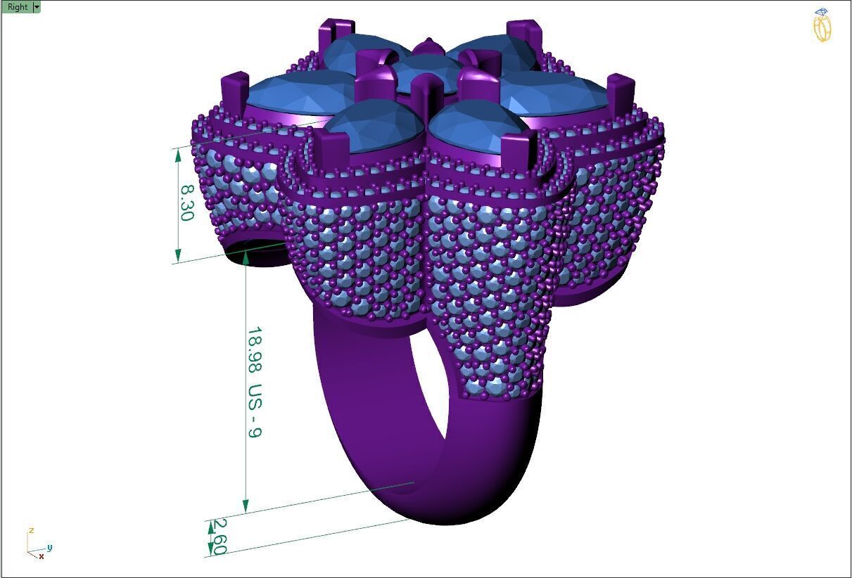 Custom Flower Shape Pear with Round Diamond Ring - Hiphop Ring 3D print model_4