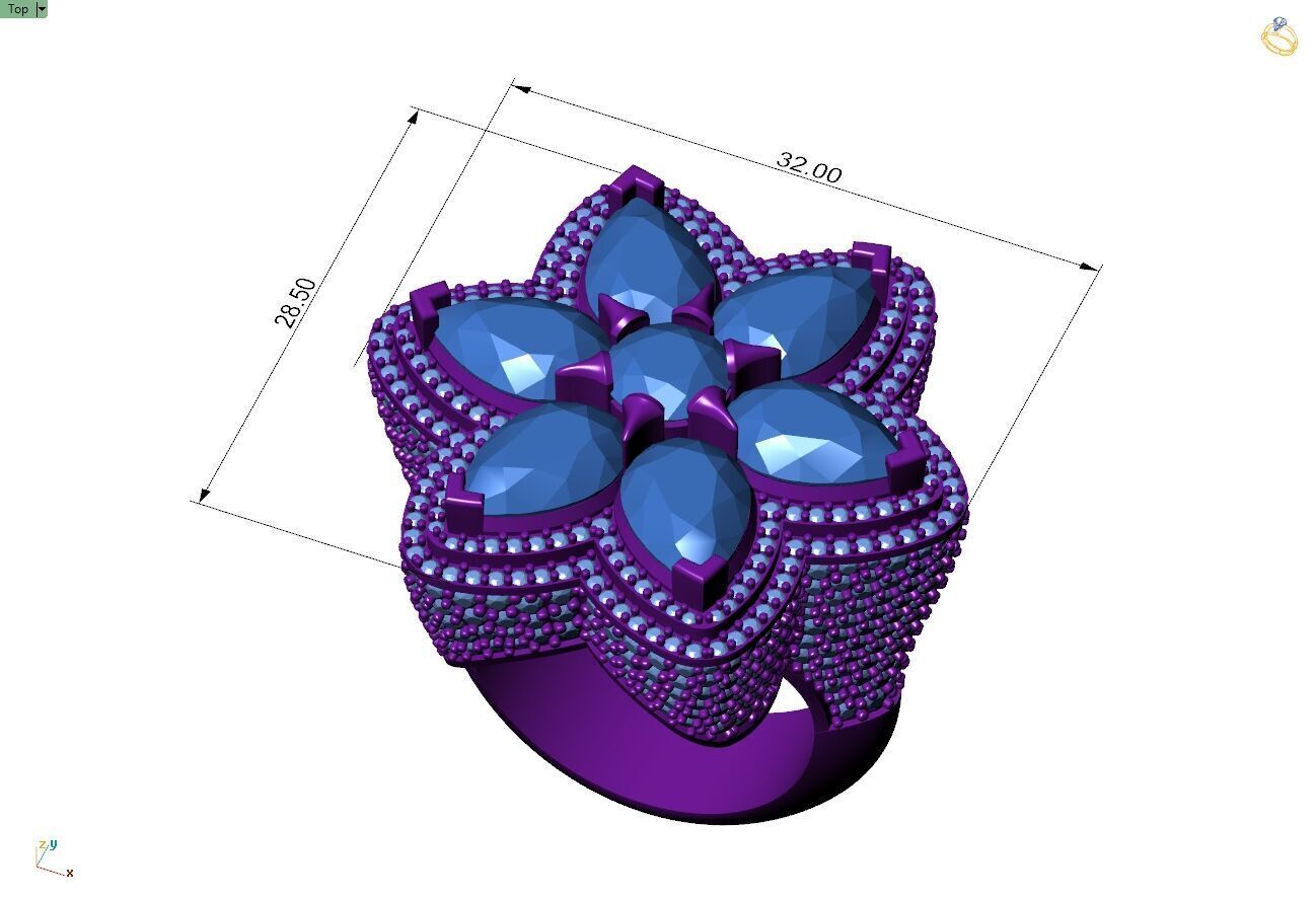 Custom Flower Shape Pear with Round Diamond Ring - Hiphop Ring 3D print model_7
