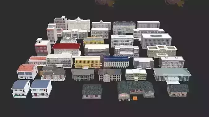 Many buildings low poly with texture 