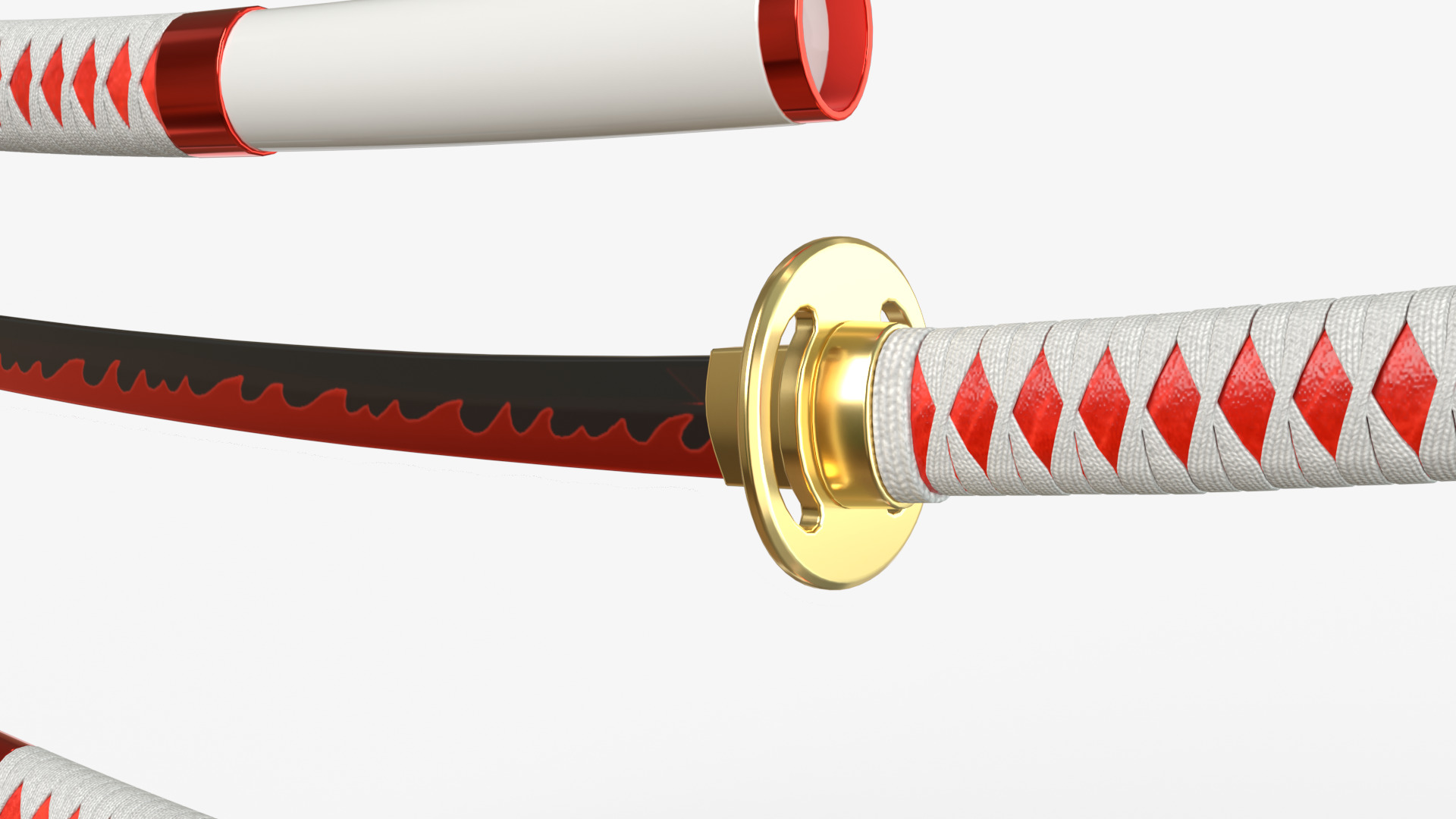 White Double Bladed Katana Wakizashi and Stand 3D model_9