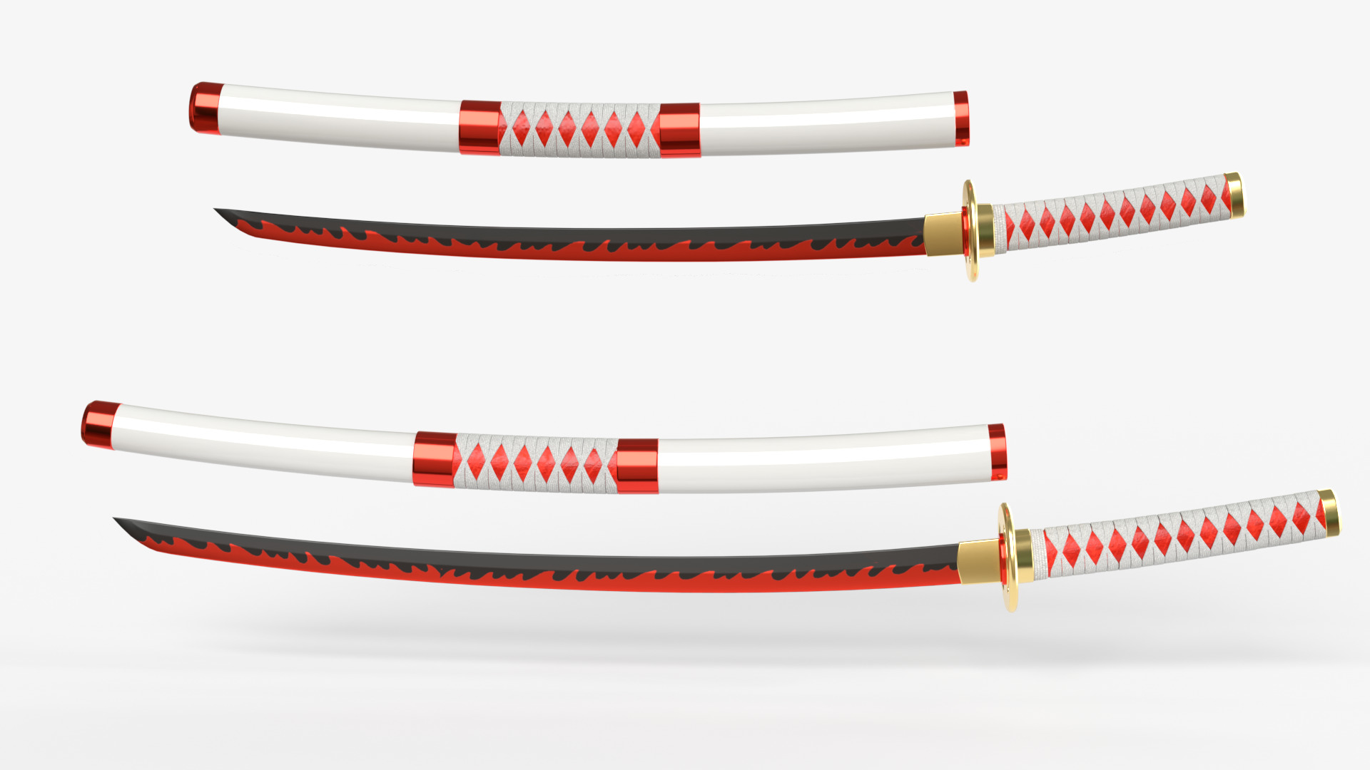 White Double Bladed Katana Wakizashi and Stand 3D model_3