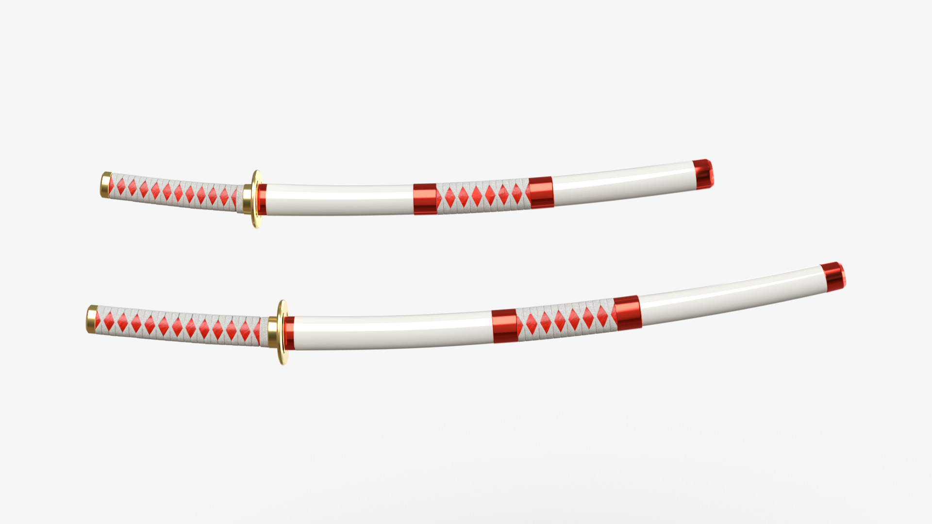 White Double Bladed Katana Wakizashi and Stand 3D model_2