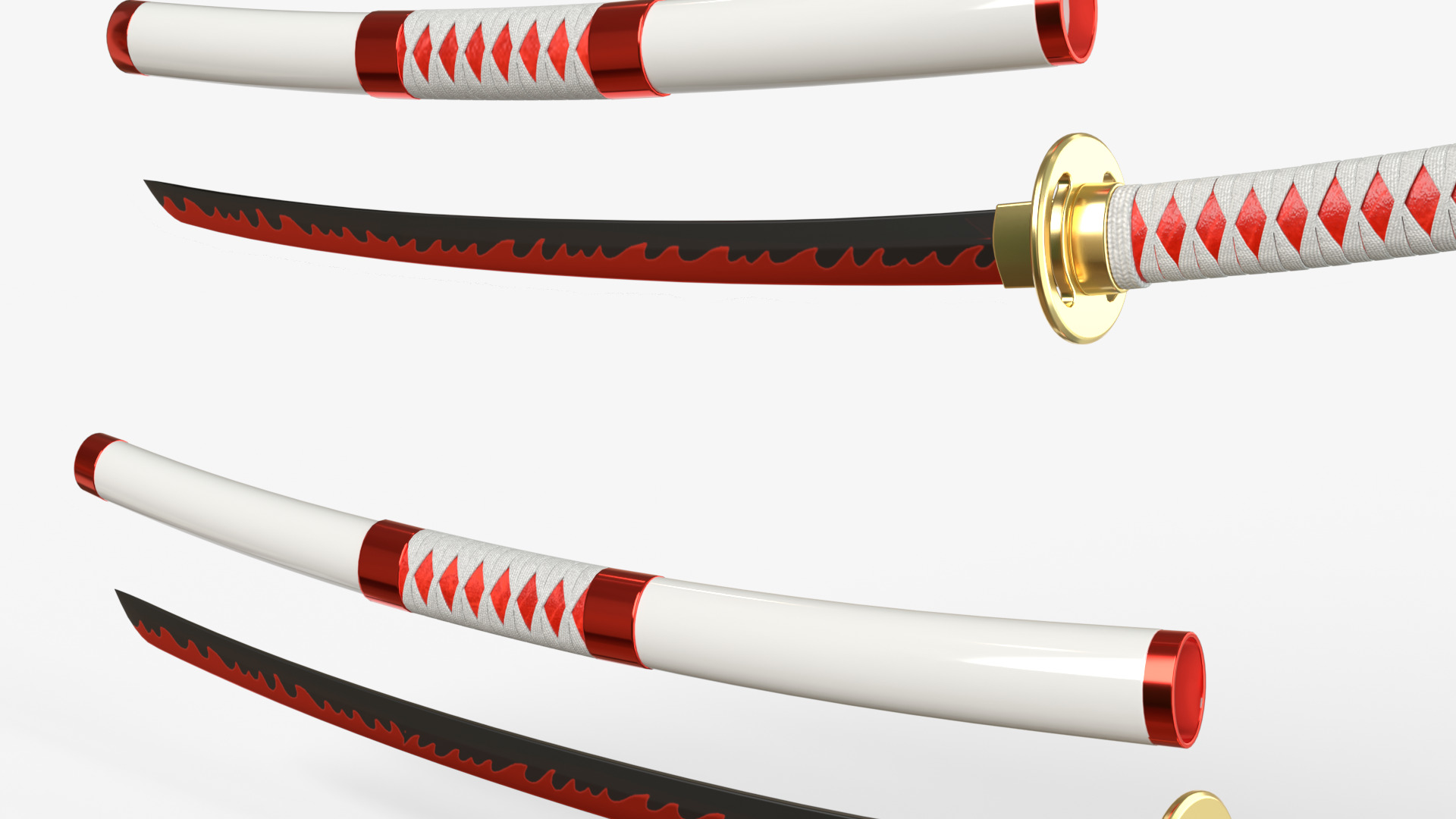 White Double Bladed Katana Wakizashi and Stand 3D model_7