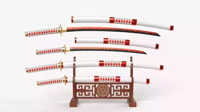 White Double Bladed Katana Wakizashi and Stand 3D model White Double Bladed Katana Wakizashi and Stand 3D model