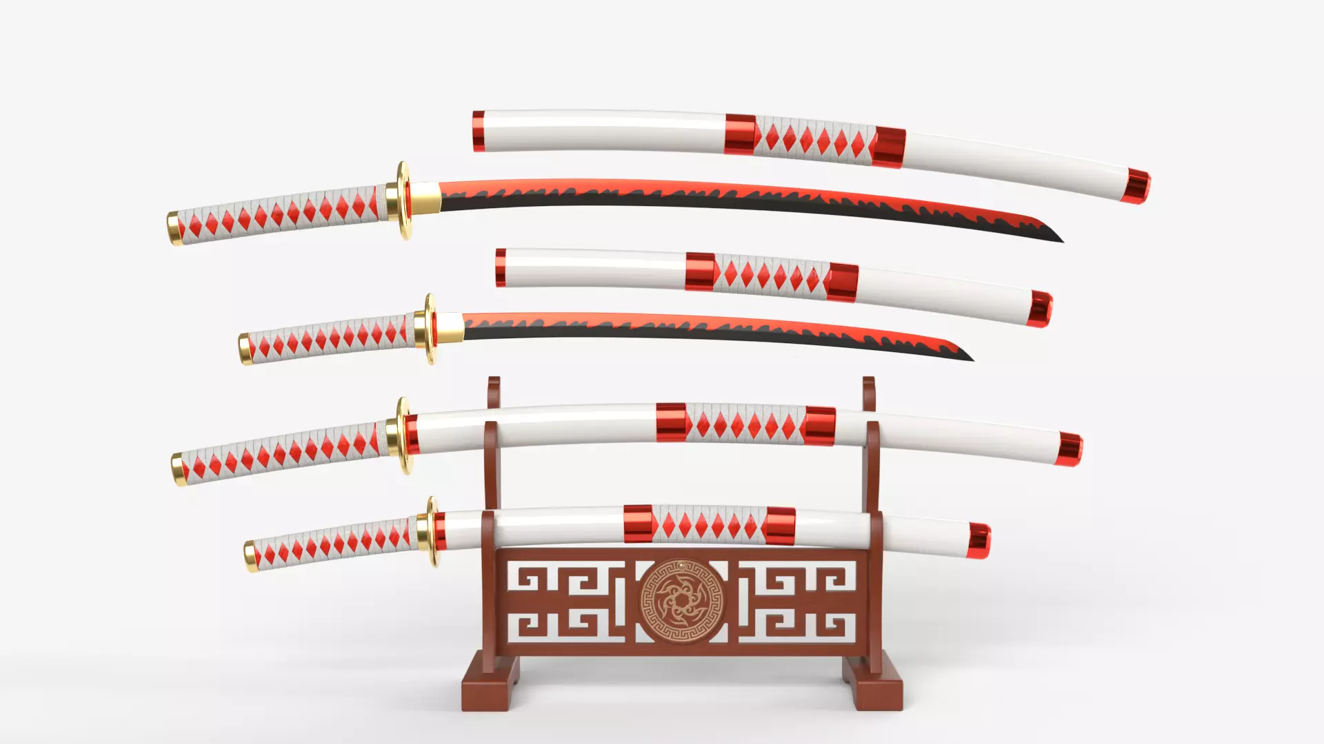 White Double Bladed Katana Wakizashi and Stand 3D model_0
