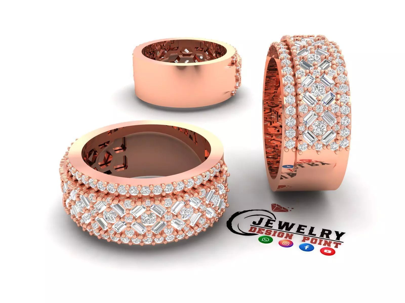 Custom Diamond Ring - Baguette And Round Criss Cross Ring 3D print model_0