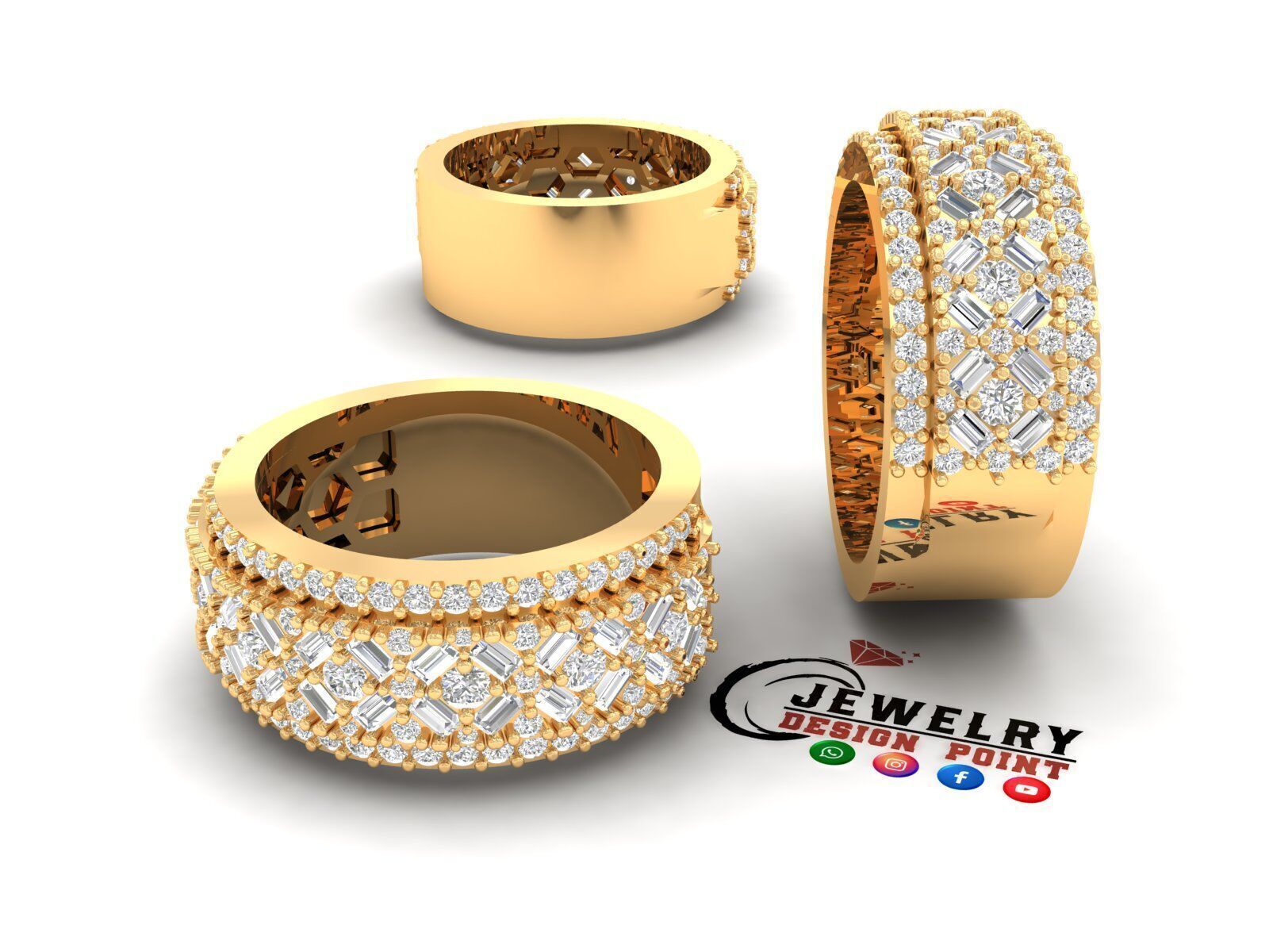 Custom Diamond Ring - Baguette And Round Criss Cross Ring 3D print model_2