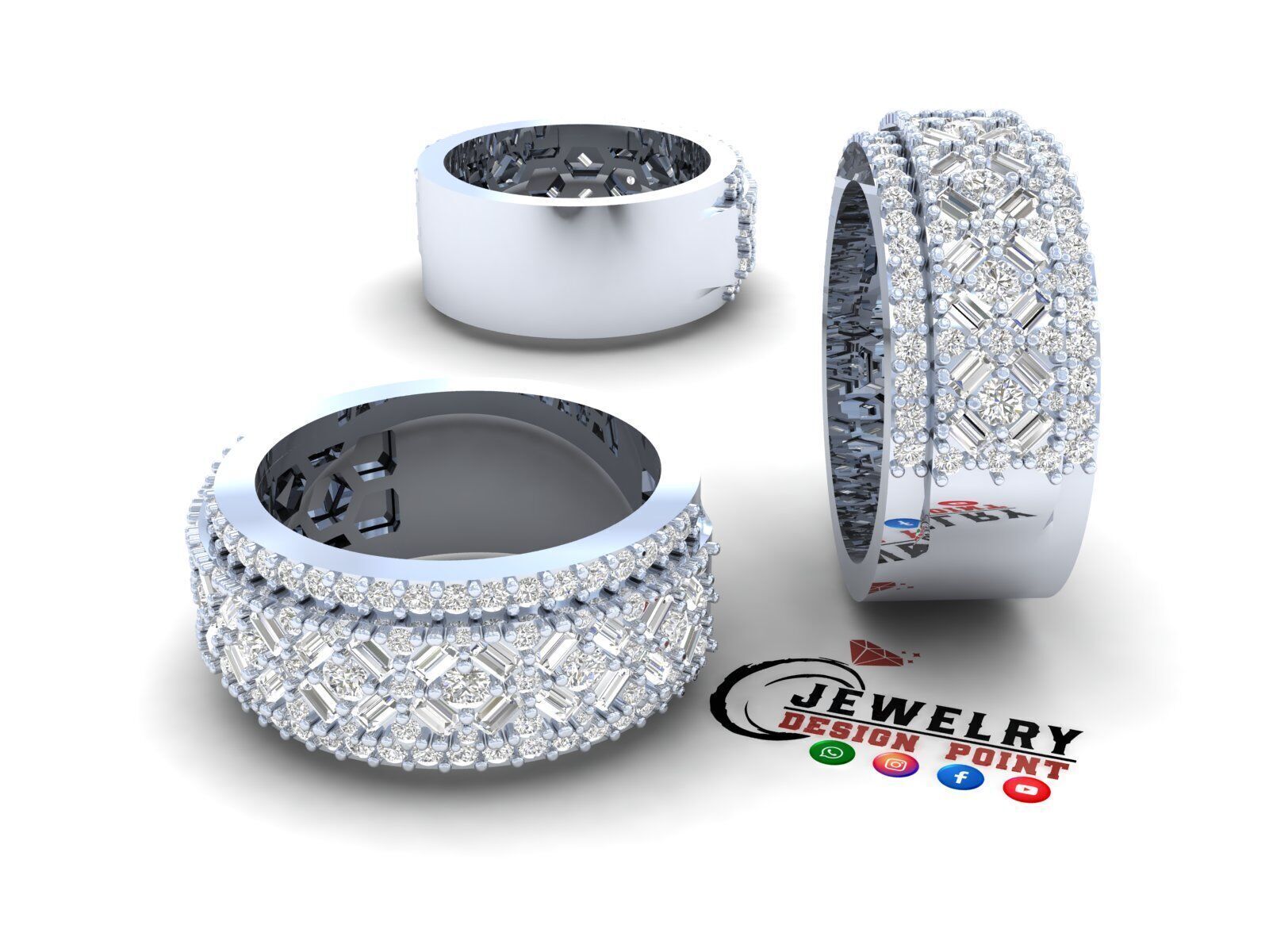 Custom Diamond Ring - Baguette And Round Criss Cross Ring 3D print model_3