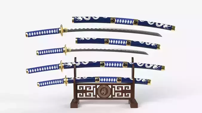 Blue Double Bladed Katana Wakizashi and Stand