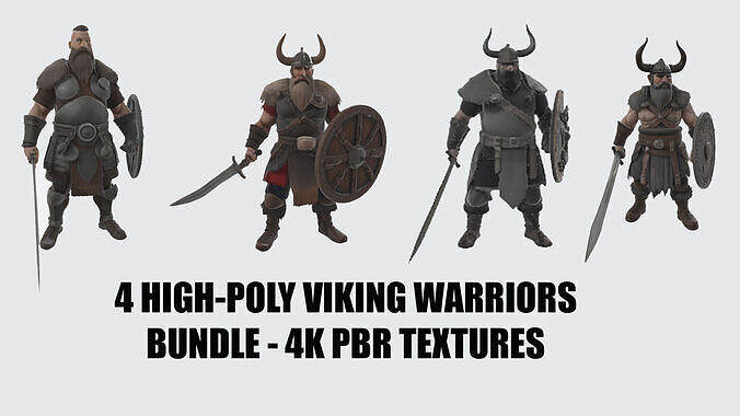 4 High Poly Viking Warriors Bundle Group PBR Textures 3D model