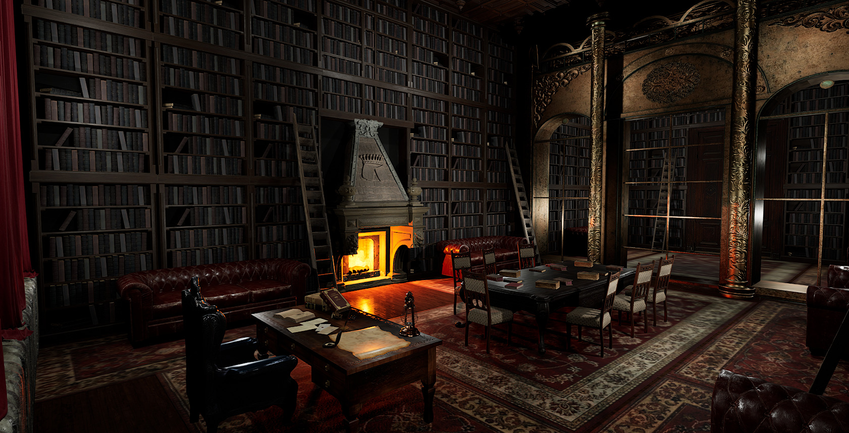 Gothic Victorian Library and Study Room 3D model_5