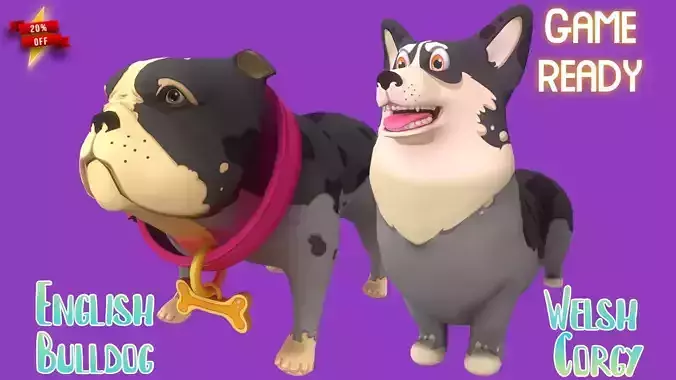 Spotted Grey Corgy and Spotted Grey Bulldog 3D Model Collection