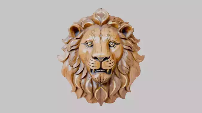 Wooden Lion Head Sculpture
