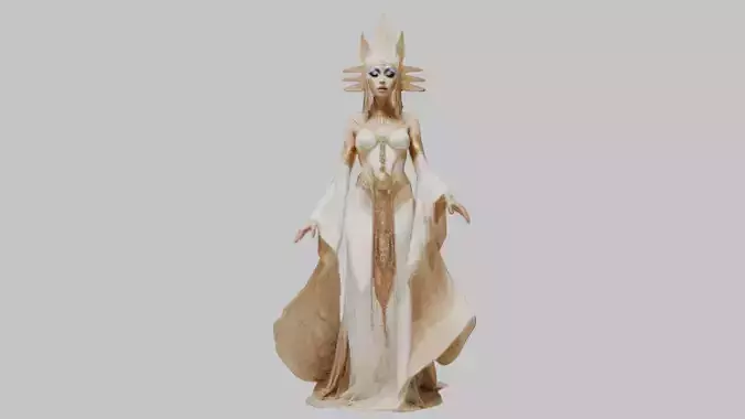Priestess 3D Model Woman Statue White Gold Dress Ice Queen