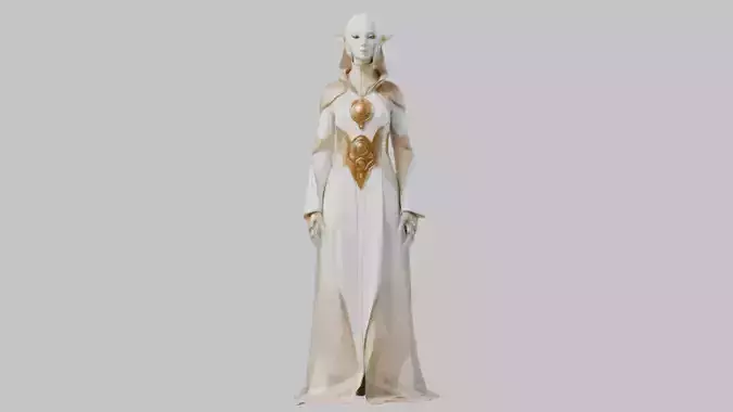 Priestess 3D Model Woman Statue White Gold Dress