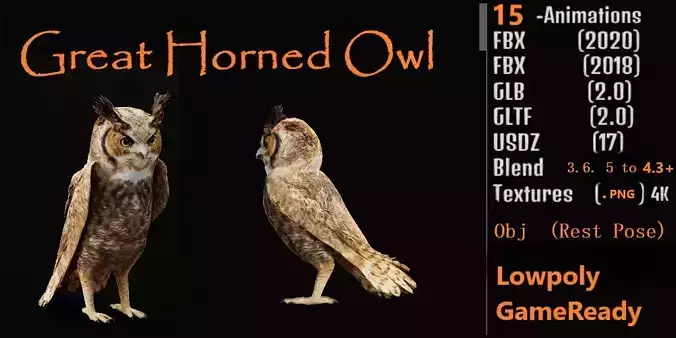 Great Horned Owl Low-poly 3D model