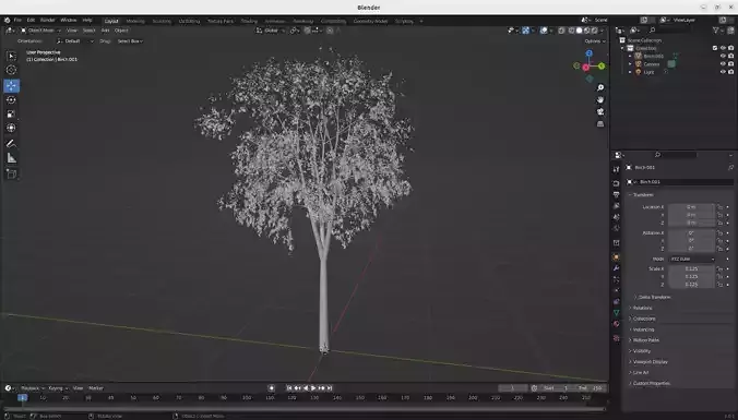 Birch tree with textures by material nodes