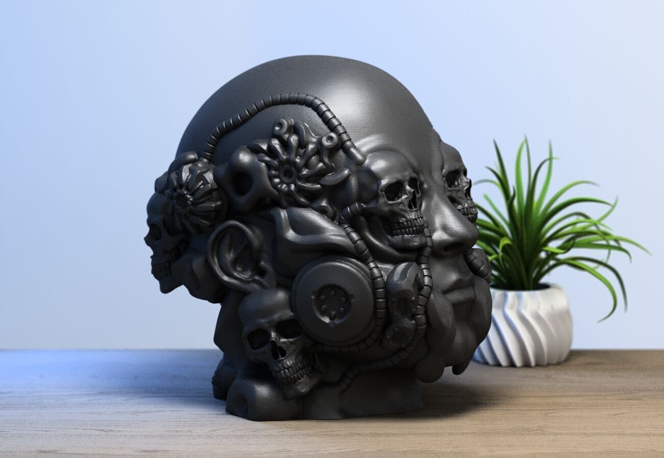Robot Skull human Headphone Stand Cyborg Headset Stand 3D print model_3