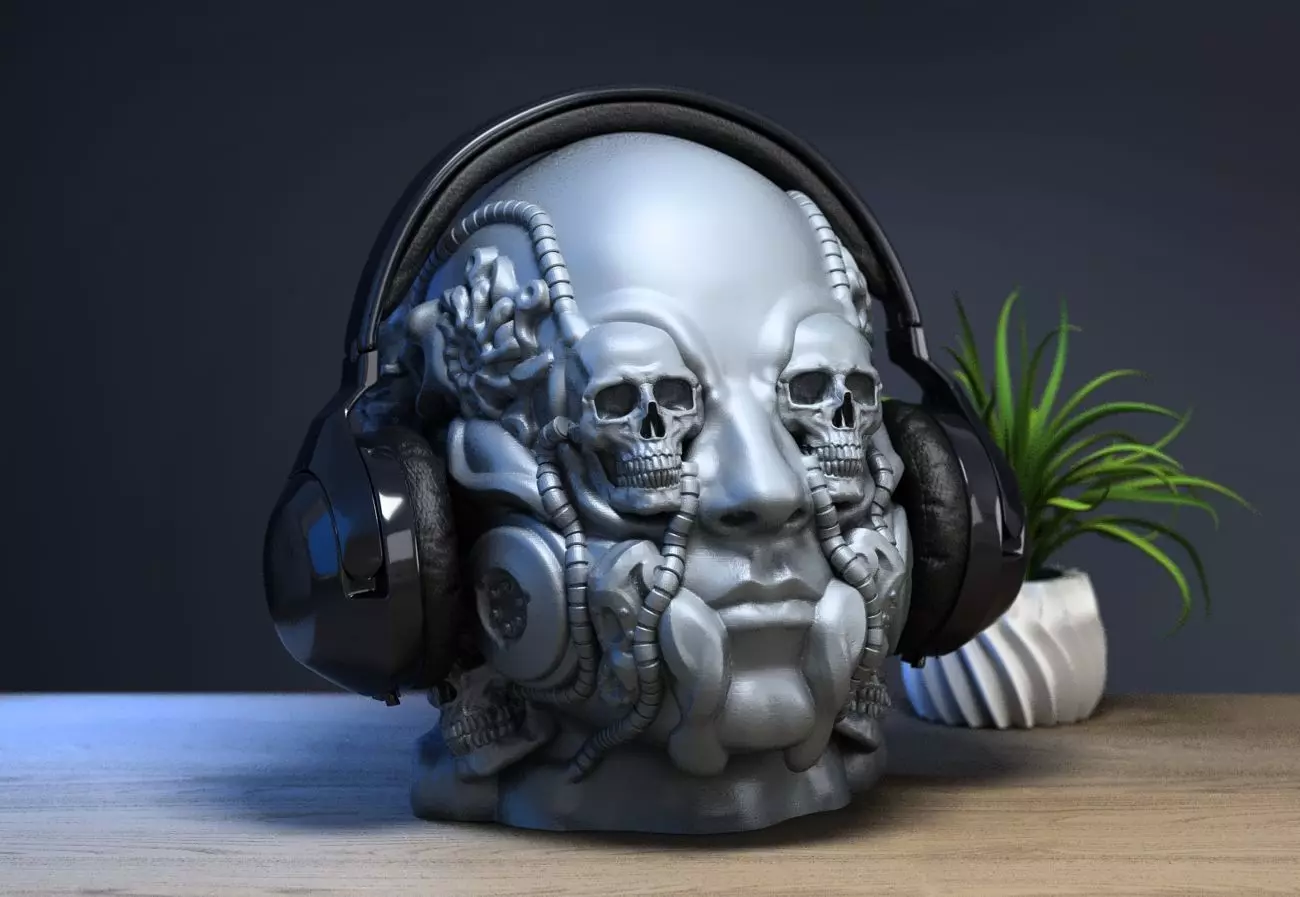 Robot Skull human Headphone Stand Cyborg Headset Stand 3D print model_0