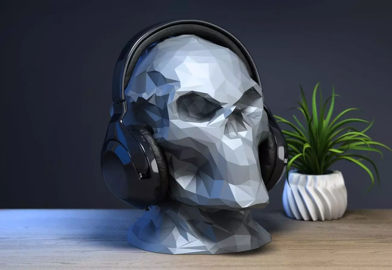 Low-poly Robot Skull Headphone Stand Cyborg Headset Stand 3D print model_0
