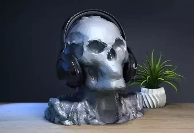 Low-poly Robot Skull Headphone Stand Cyborg Headset Stand 3D print model