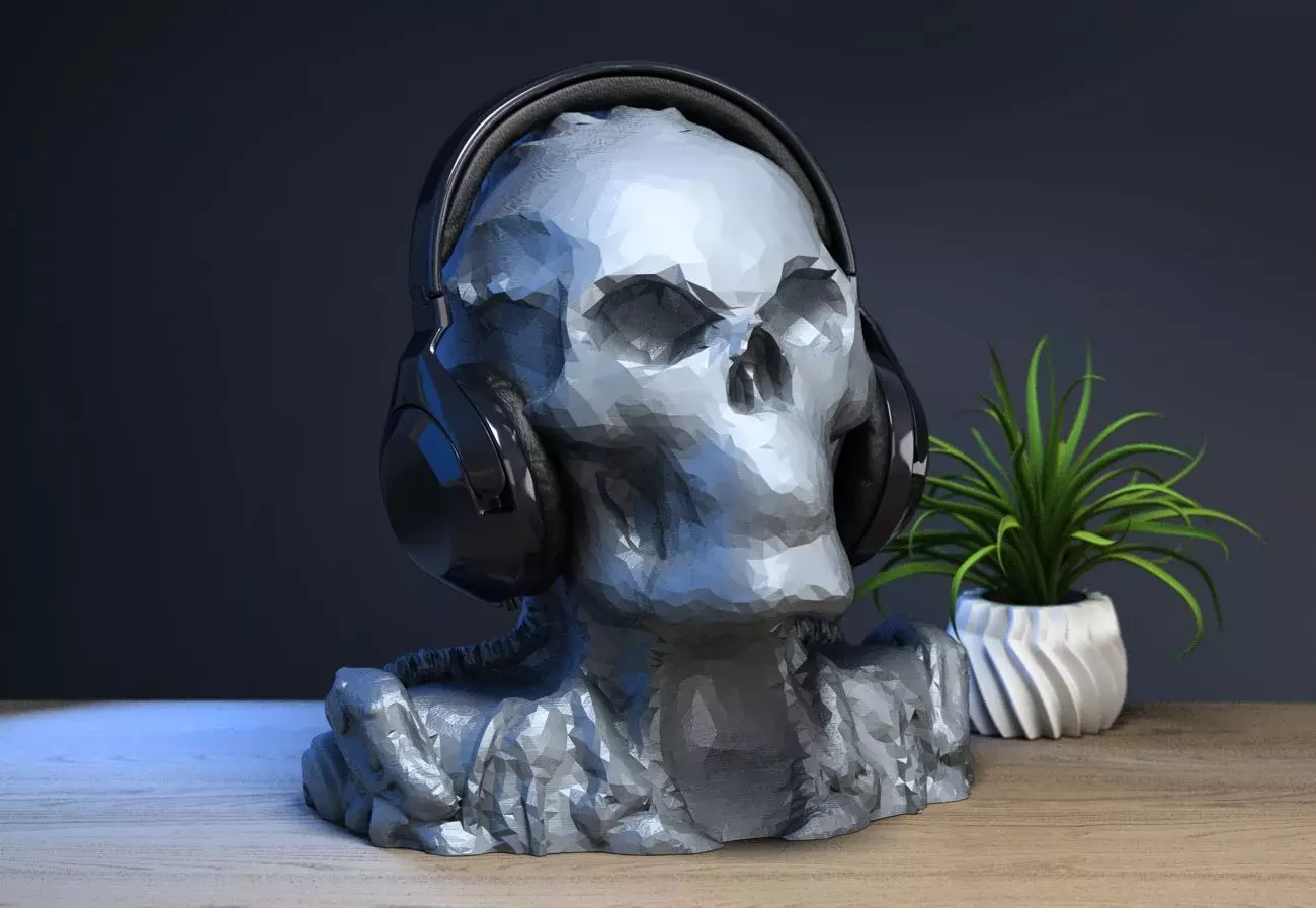 Low-poly Robot Skull Headphone Stand Cyborg Headset Stand 3D print model_0
