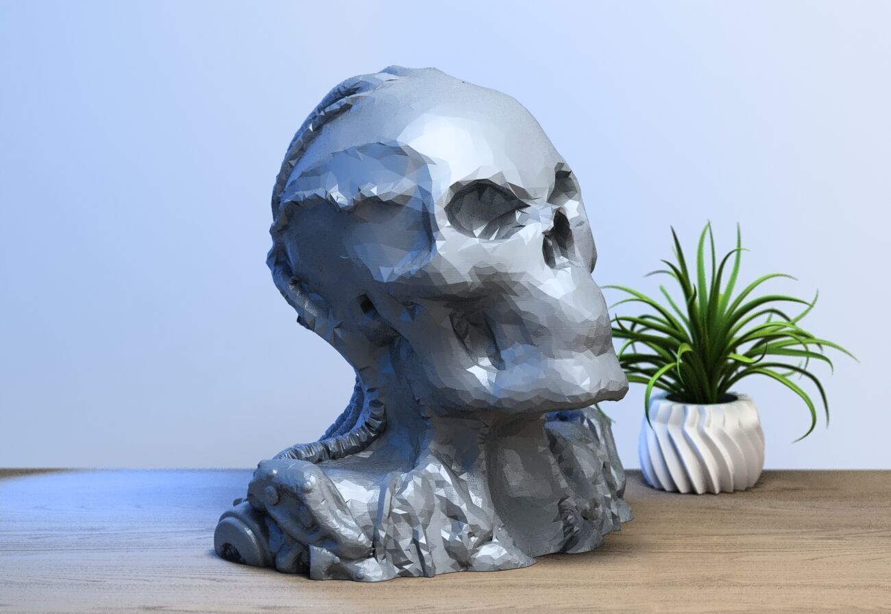 Low-poly Robot Skull Headphone Stand Cyborg Headset Stand 3D print model_3